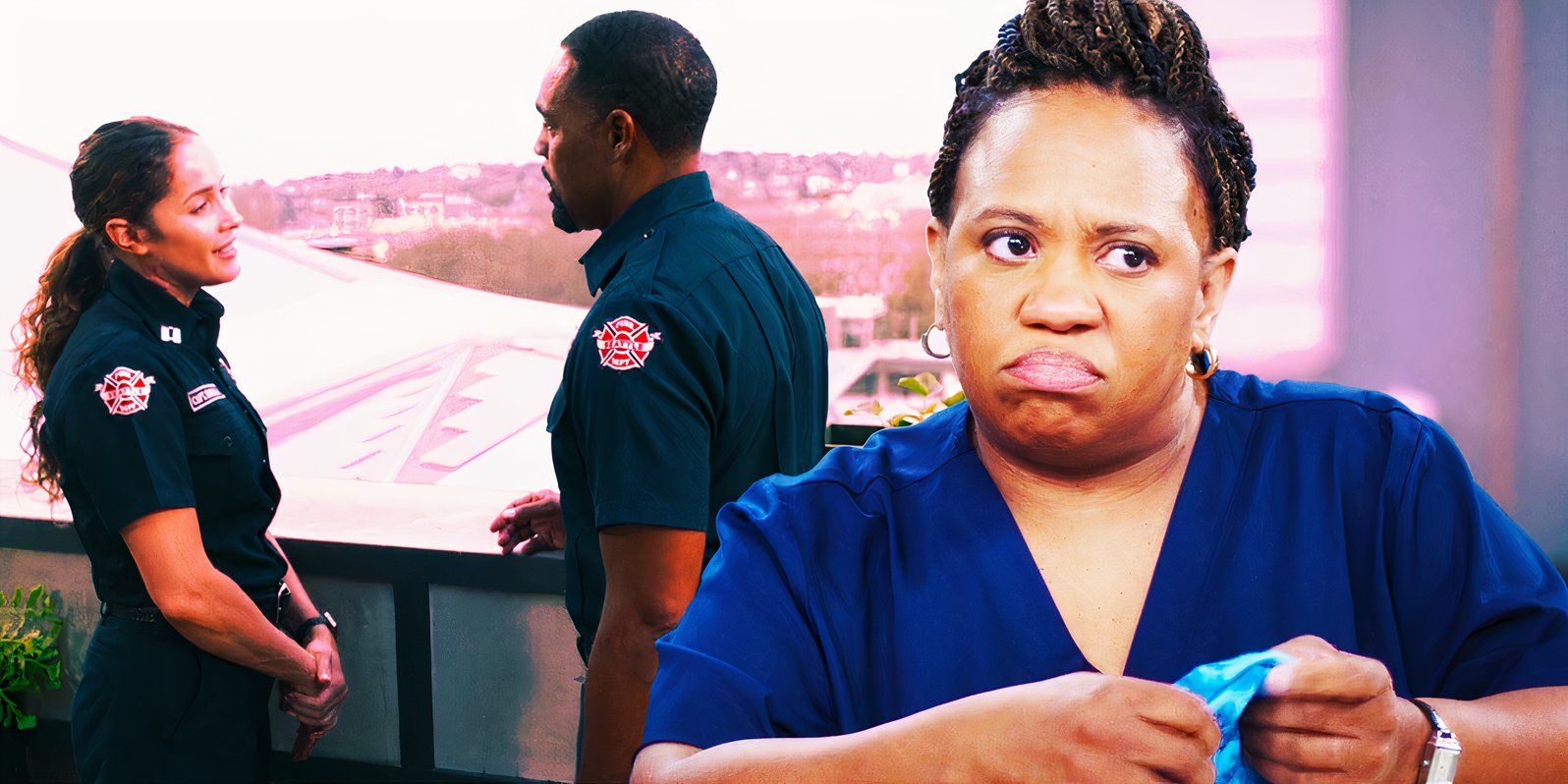 Jaina Lee Ortiz as Andy Herrera and Jason George as Ben Warren in Station 19 season 7 and Chandra Wilson as Miranda Bailey in Grey's Anatomy season 20-1