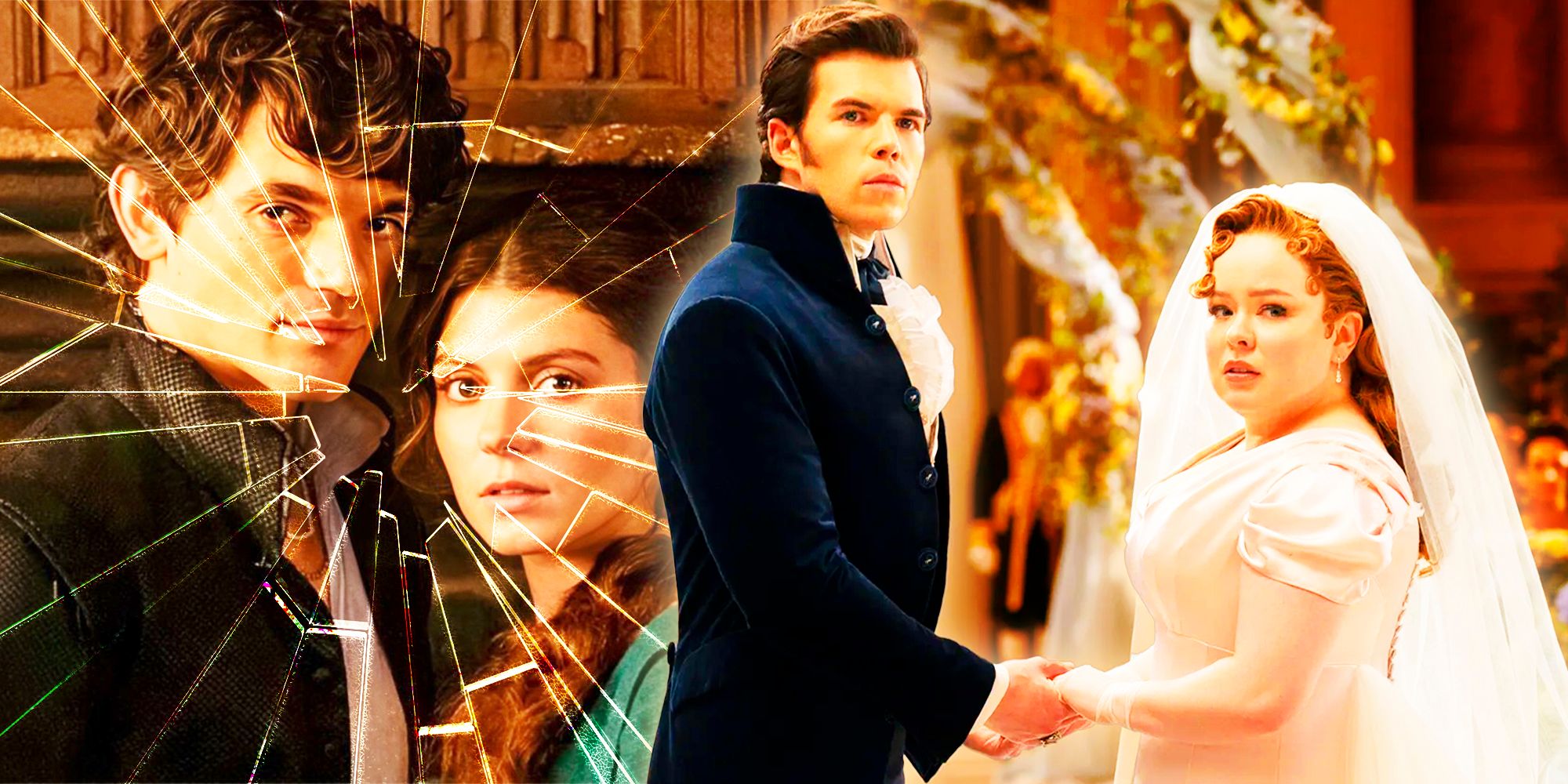 Jane and Guildford in My Lady Jane next to Colin and Penelope in Bridgerton