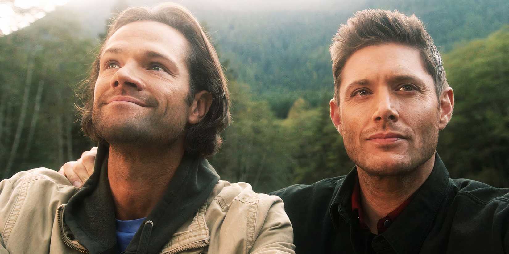 Sam (Jared Padalecki) and Dean Winchester (Jensen Ackles) smiling togehter in the Supernatural series finale