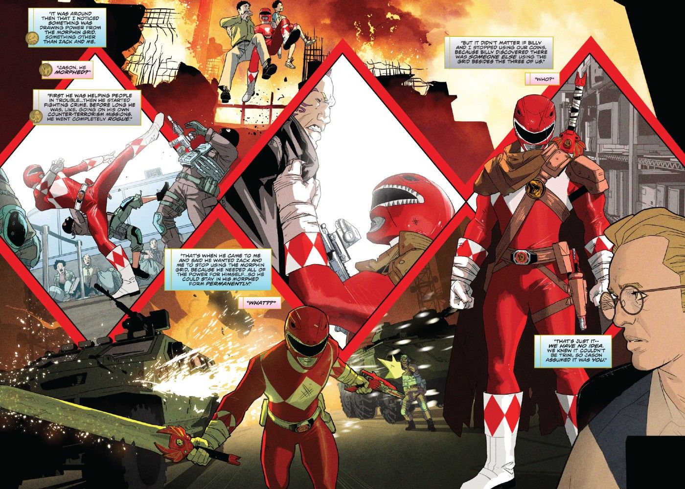 Jason Lee Scott como um vigilante Red Ranger lutando contra o crime em Mighty Morphin Power Rangers The Return #1