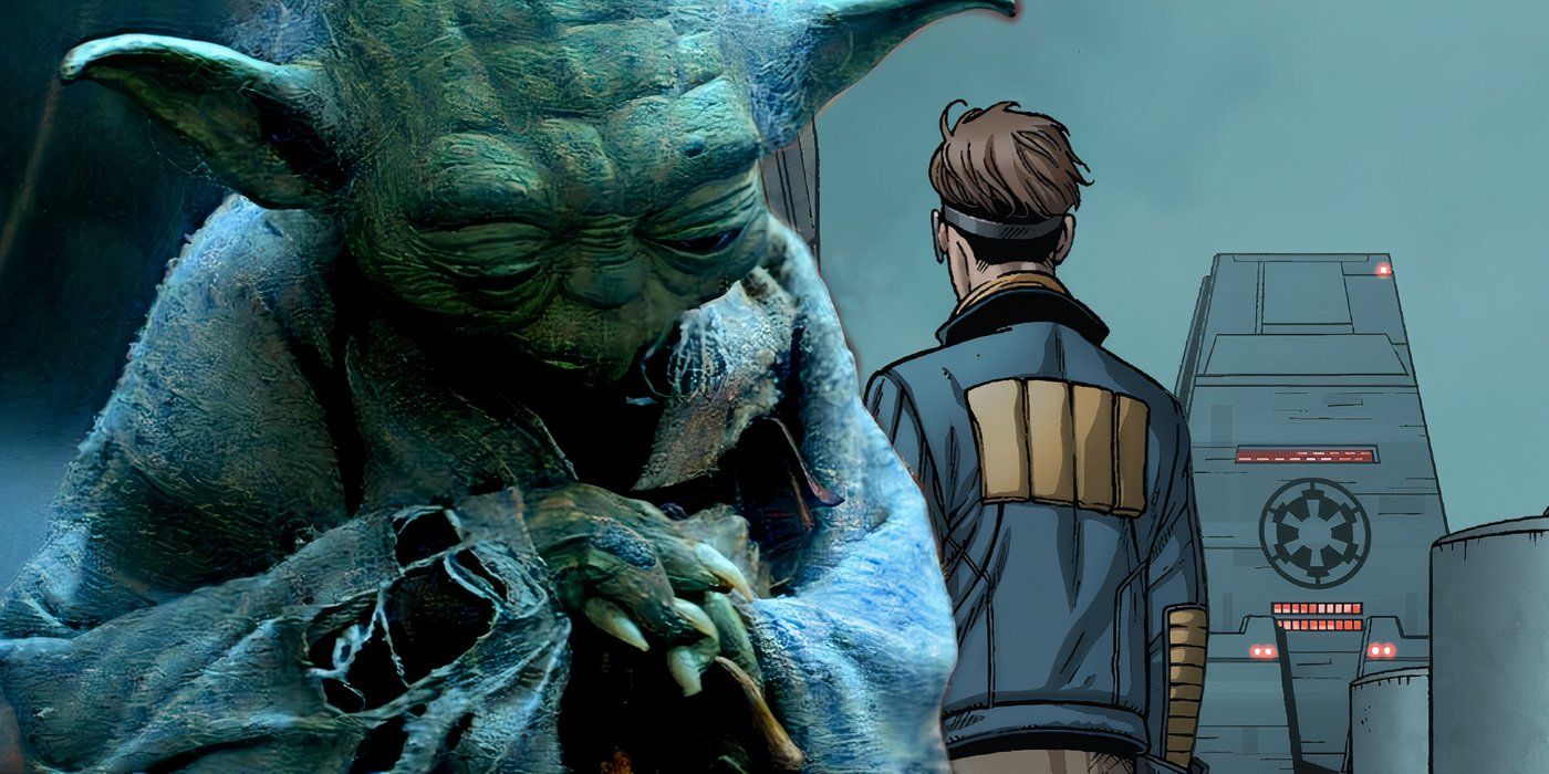 A depressed Yoda with Tensu Run standing with his back to him behind him.