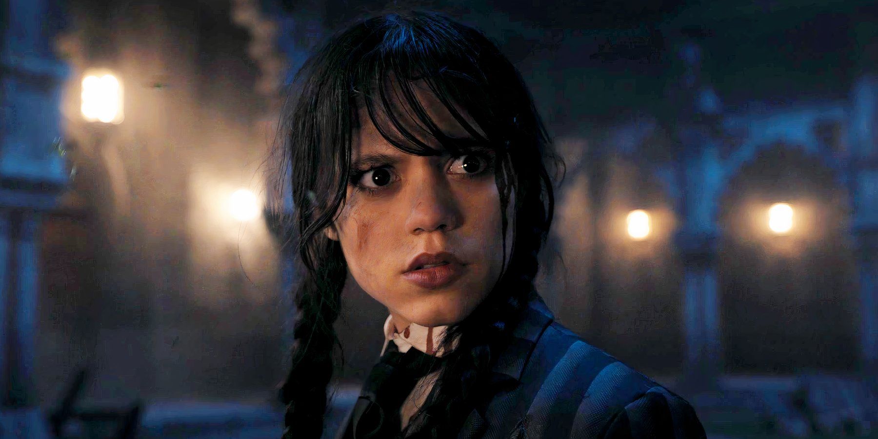 Jenna Ortega as Wednesday Addams looking shocked in Wednesday season 1