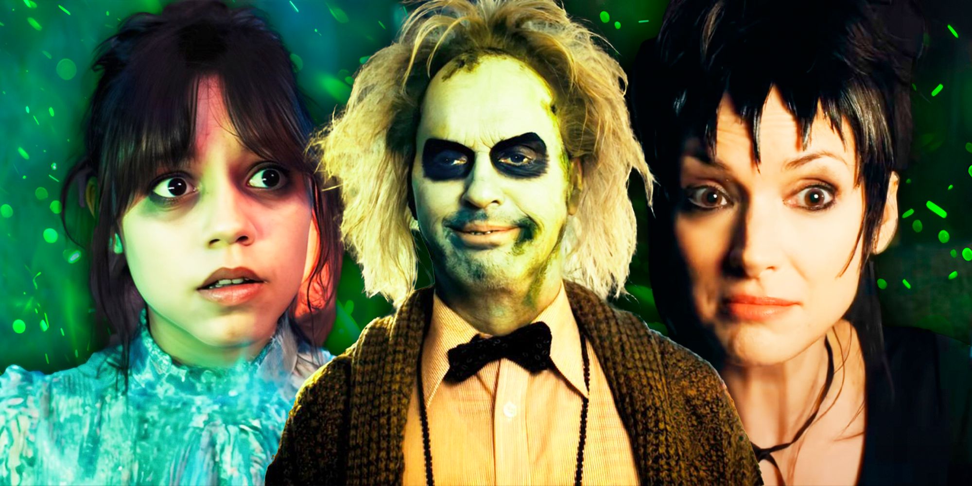 Jenna Ortega, Michael Keaton and Winona Ryder in Beetlejuice 2