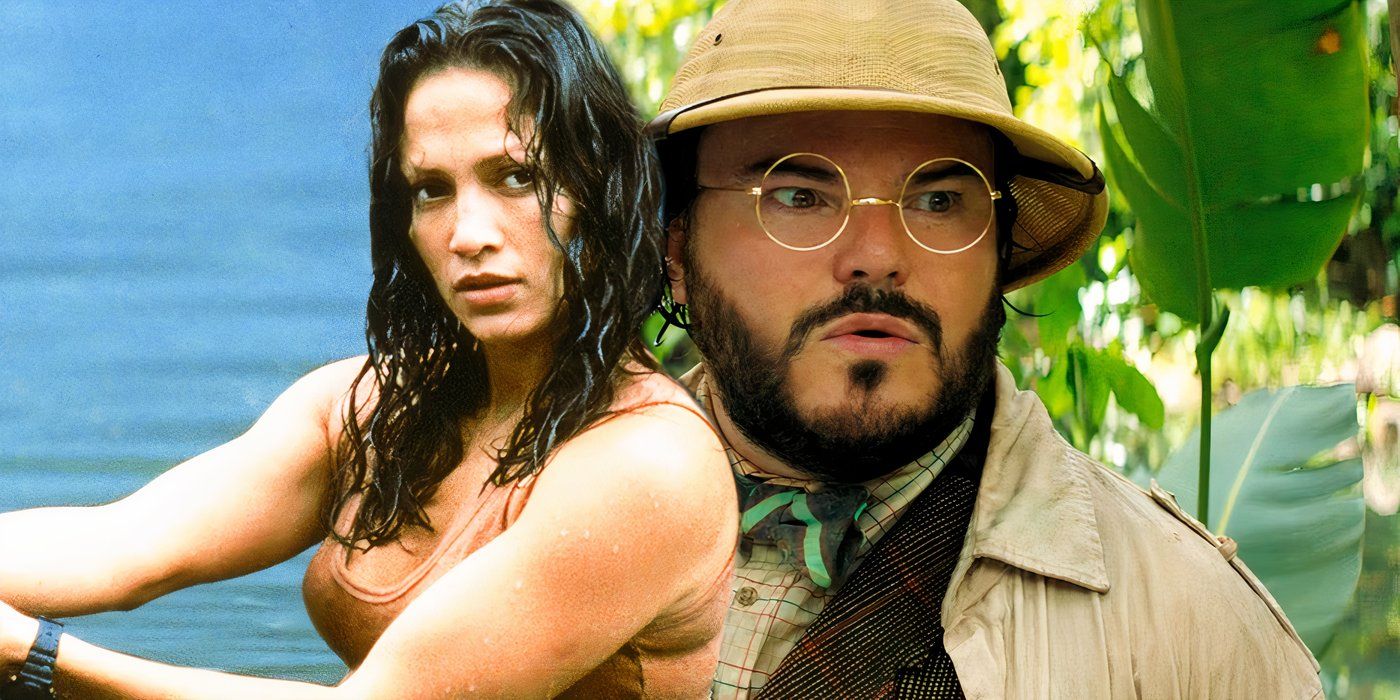 Jennifer Lopez dans l'eau dans Anaconda aux côtés de Jack Black l'air surpris dans Jumanji The Next Level