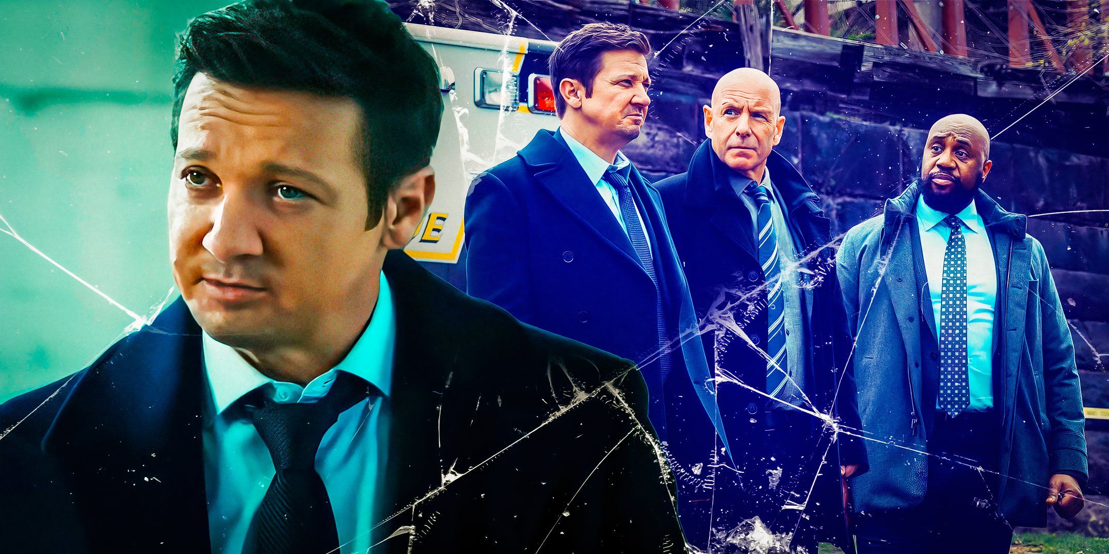 Jeremy Renner as Mike, Hugh Dillon as Ian and Derek Webster as Stevie in season 3 of Mayor of Kingstown