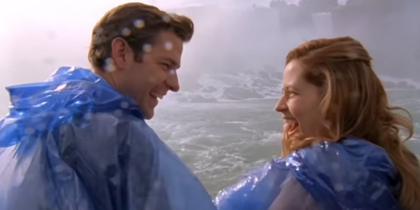 Jim and Pam's in ponchos on a boat at Niagara Falls in The Office