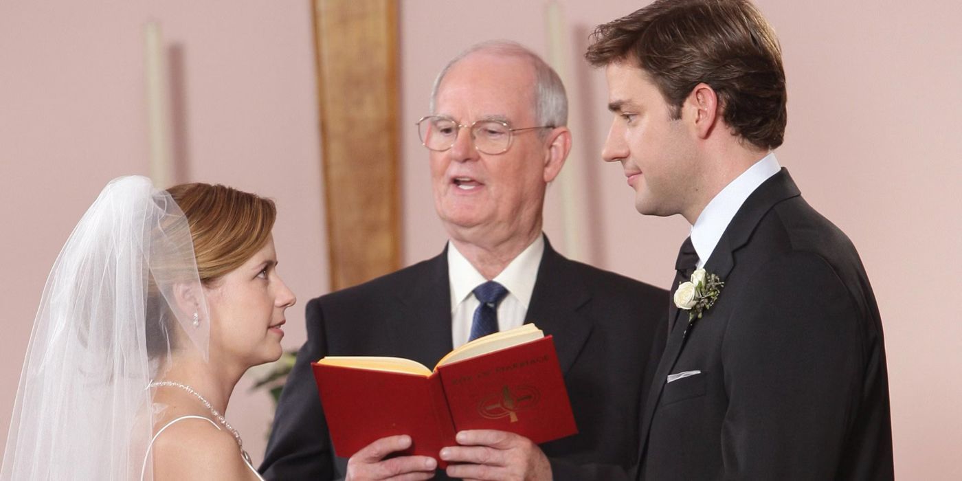 Jim and Pam's standing at the altar for a wedding in The Office