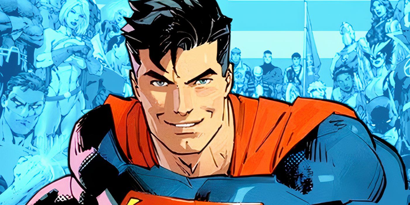 Comic art of Superman in front of the Justice League