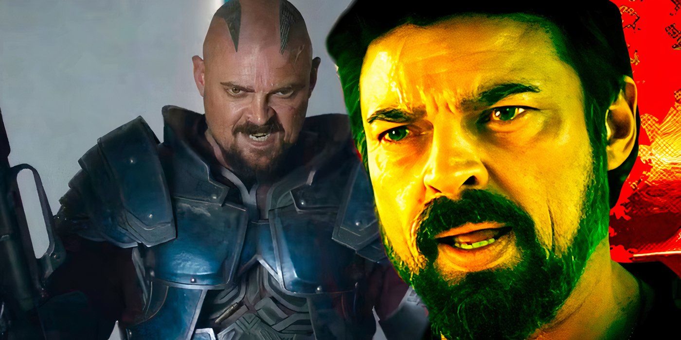 Karl Urban as Skurge smiling in Thor Ragnarok next to Karl Urban as Billy Butcher speaking in The Boys