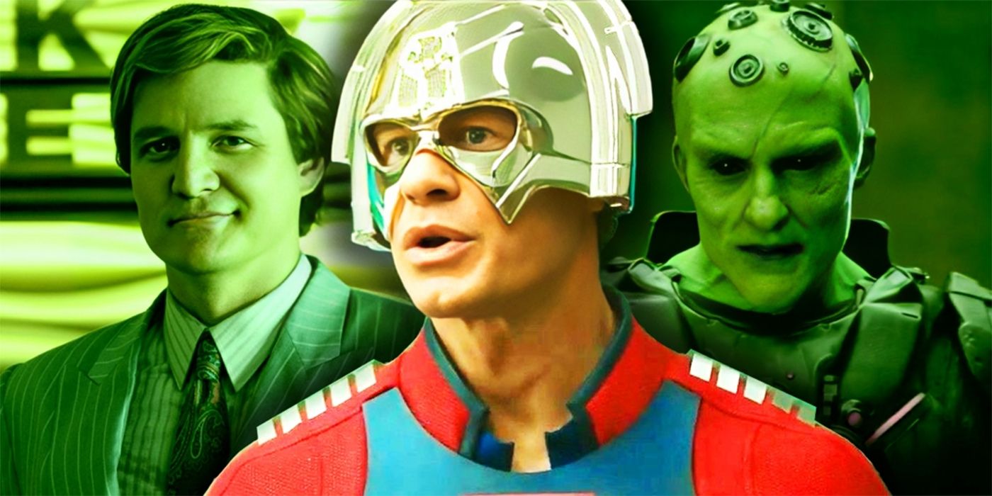 John Cena as Peacemaker with Pedro Pascal as Maxwell Lord and Brainiac in the Background