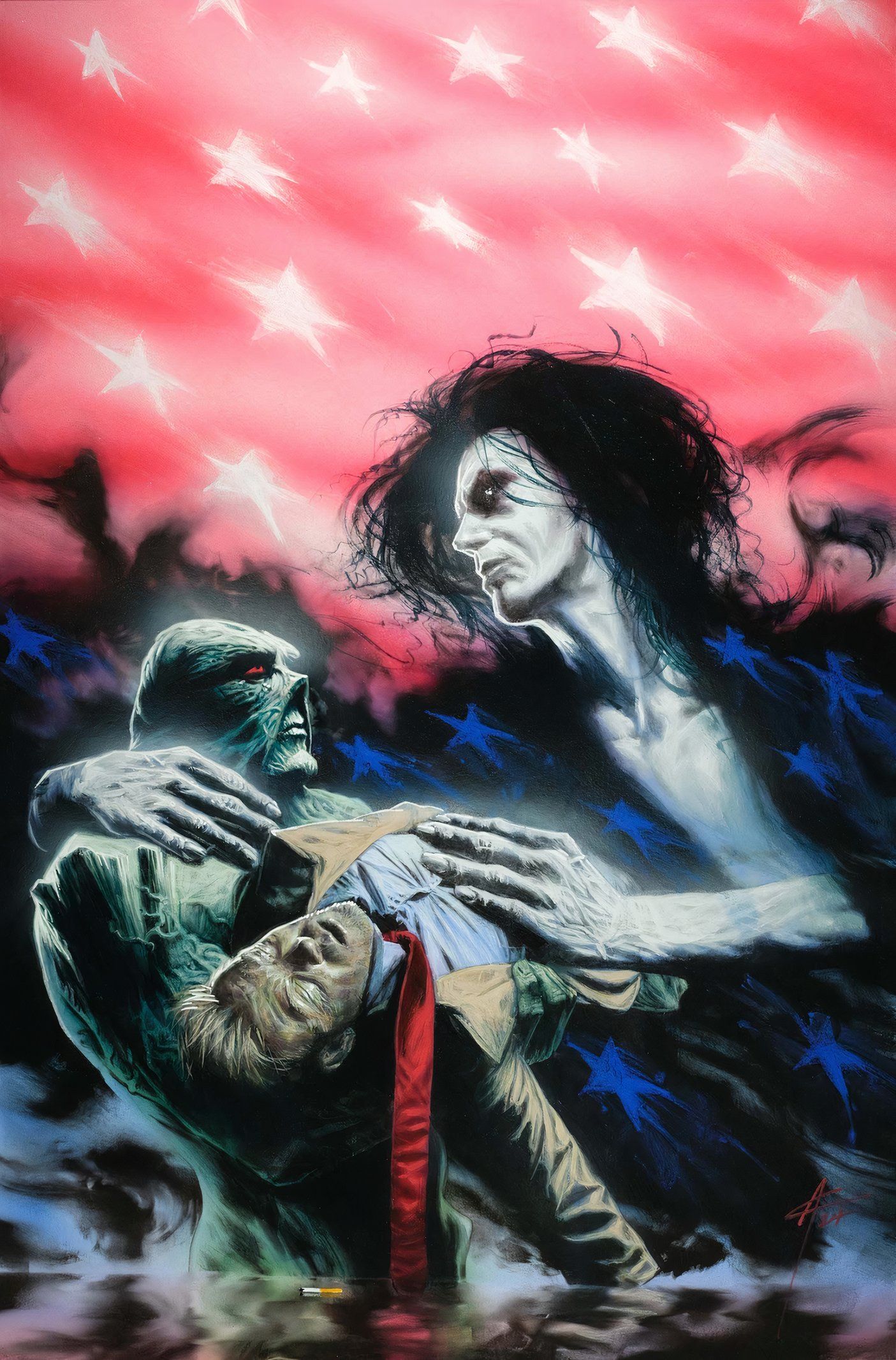 John Constantine Hellblazer: Dead in America 11 – Main Cover Advertisement: Dream and Swamp Thing hold Joh Constantine’s body.