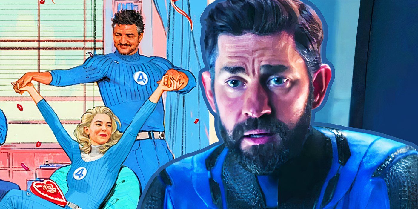 John Krasinski in his Mister Fantastic costume with Pedro Pascal and Vanessa Kirby as the actual Reed RIchards and Sue Storm