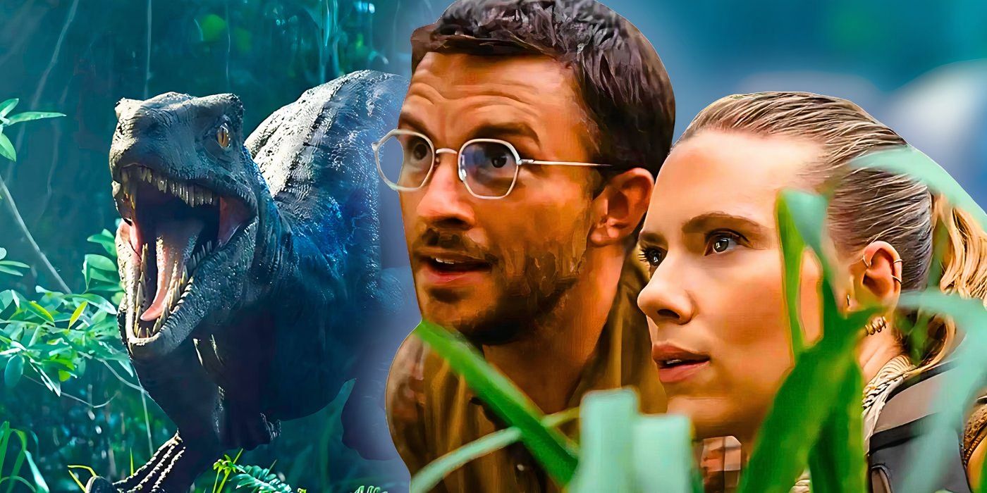 Jonathan Bailey and Scarlett Johansson in Jurassic World Rebirth still with a dinosaur behind them