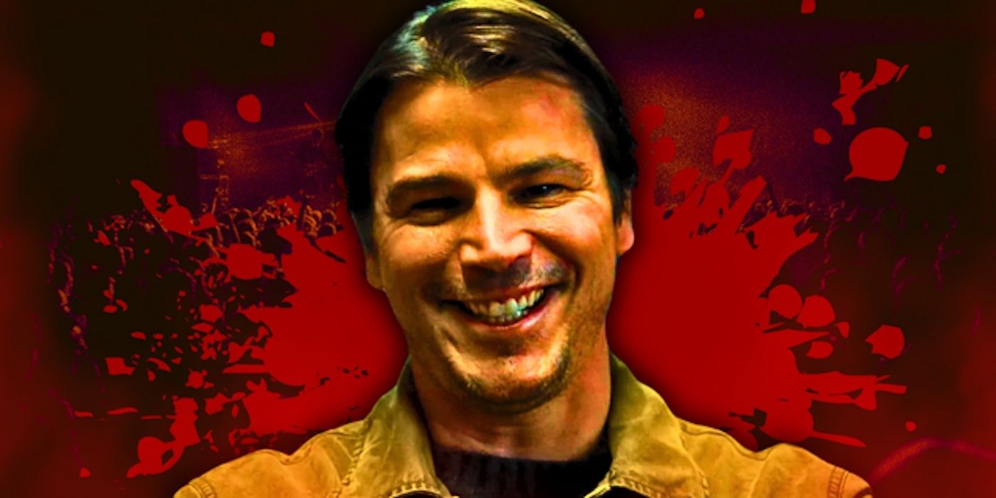 Josh Hartnett's Cooper from Trap 2024 grins against a red background