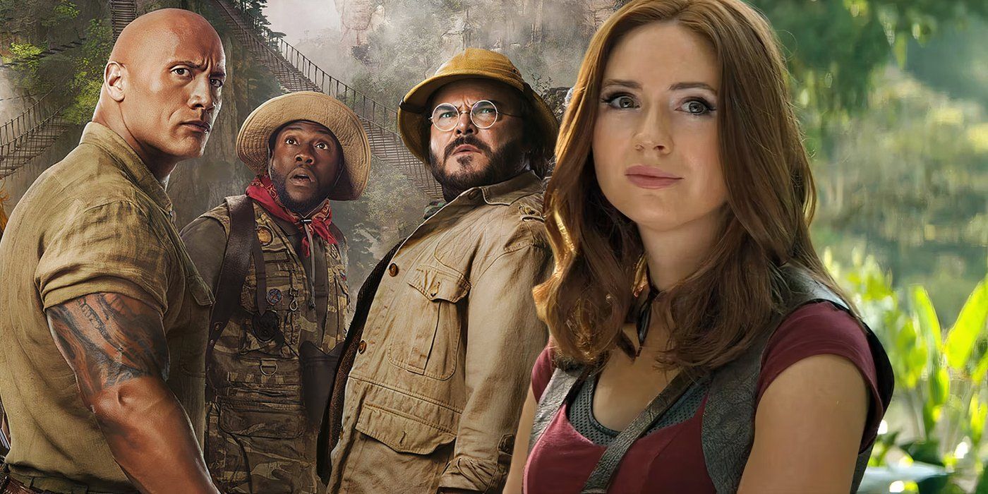 A composite image of Karen Gillian looking on in front of the cast of Jumanji: The Next Level standing in the jungle