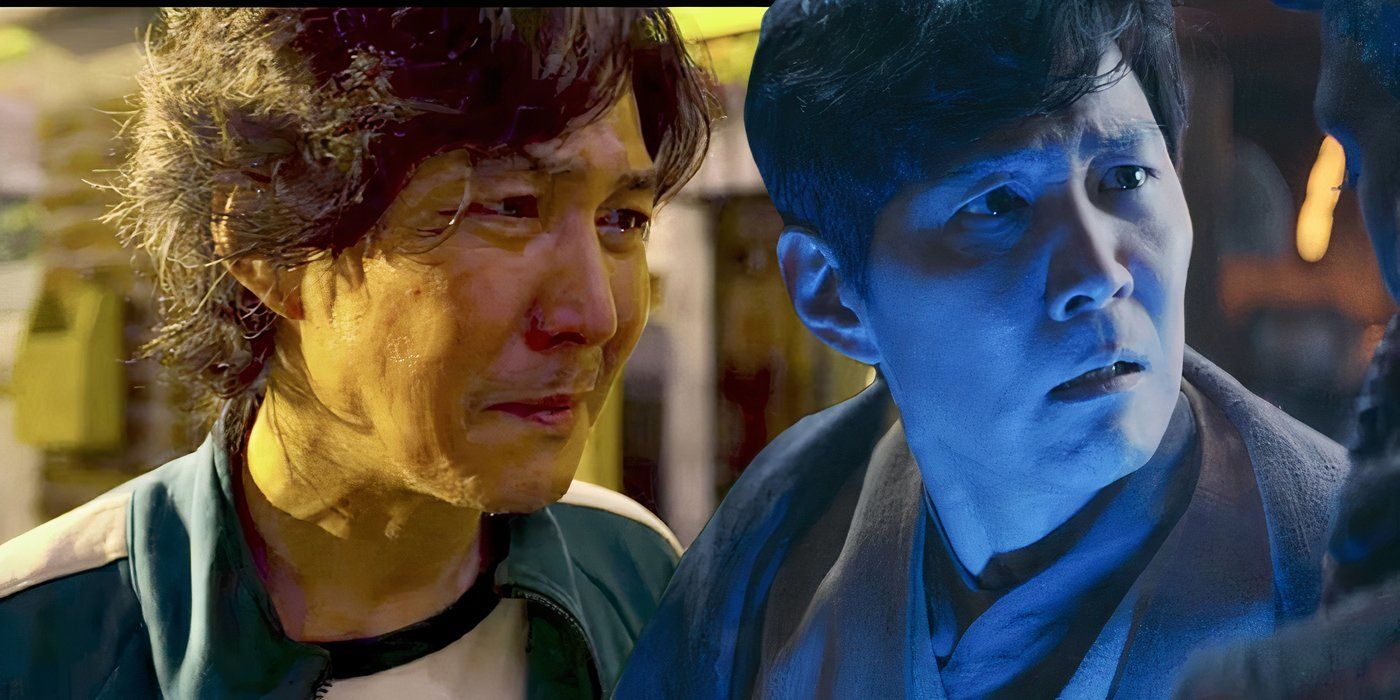 Lee Jung-jae como Gi-hun chorando em Squid Game ao lado dele como Mestre Sol com um olhar chocado no rosto em The Acolyte