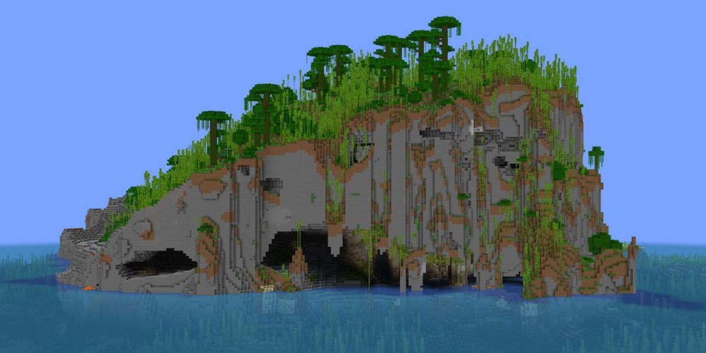 Large island with a Jungle and Bamboo biome on top of stone cliffs in Minecraft.