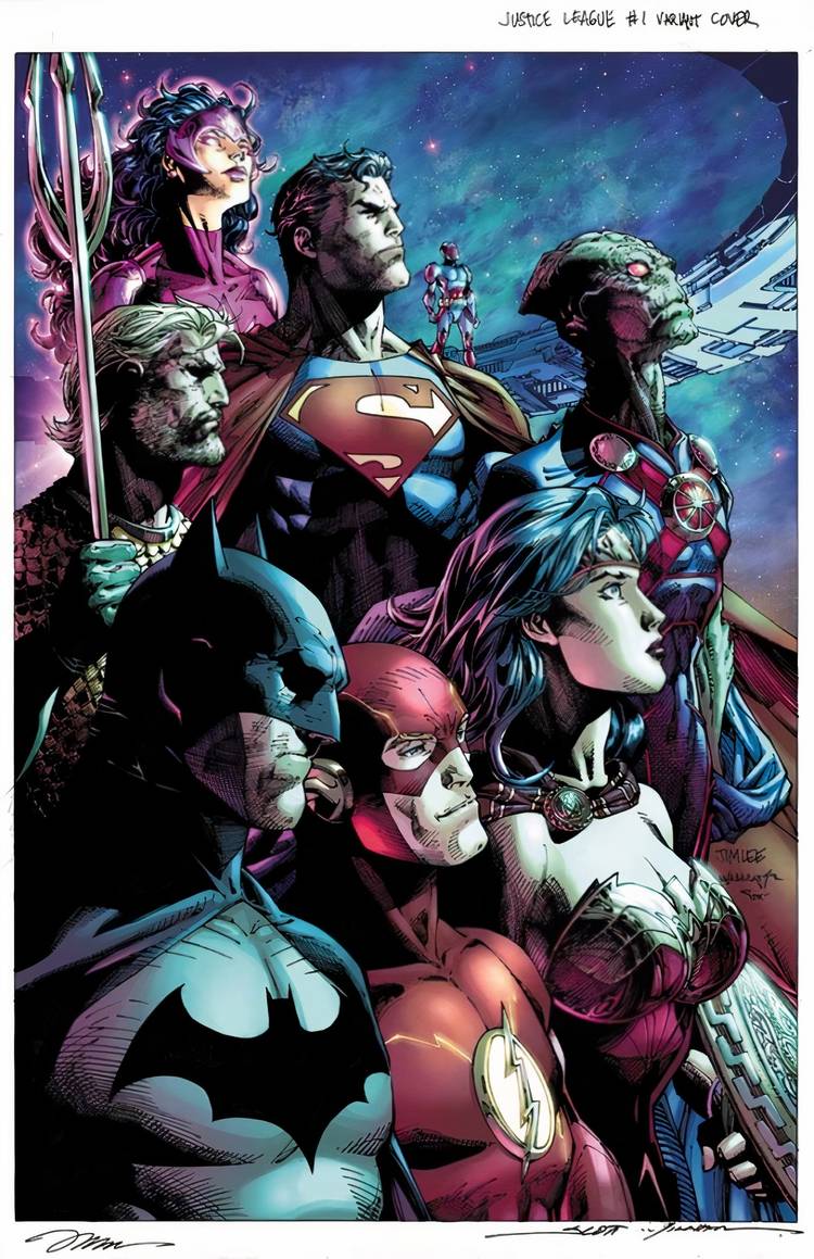 Comic book cover: the Justice League poses together while looking to the right.