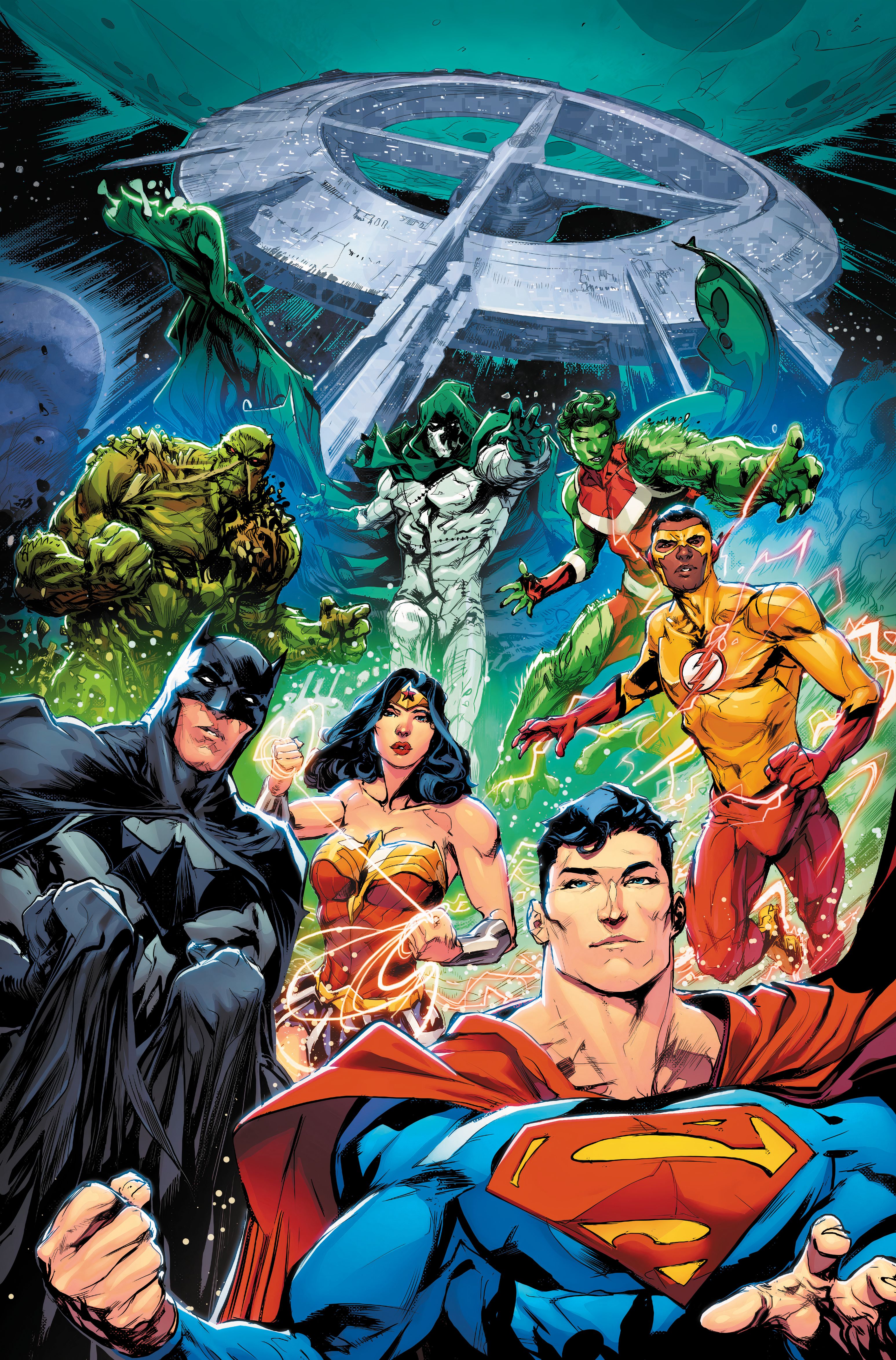 Liga da Justiça Unlimited 1 Porter Variant Cover: Superman, Batman, Mulher Maravilha, Kid Flash, Monstro do Pântano, Espectro e Mutano juntos em frente à Torre de Vigia