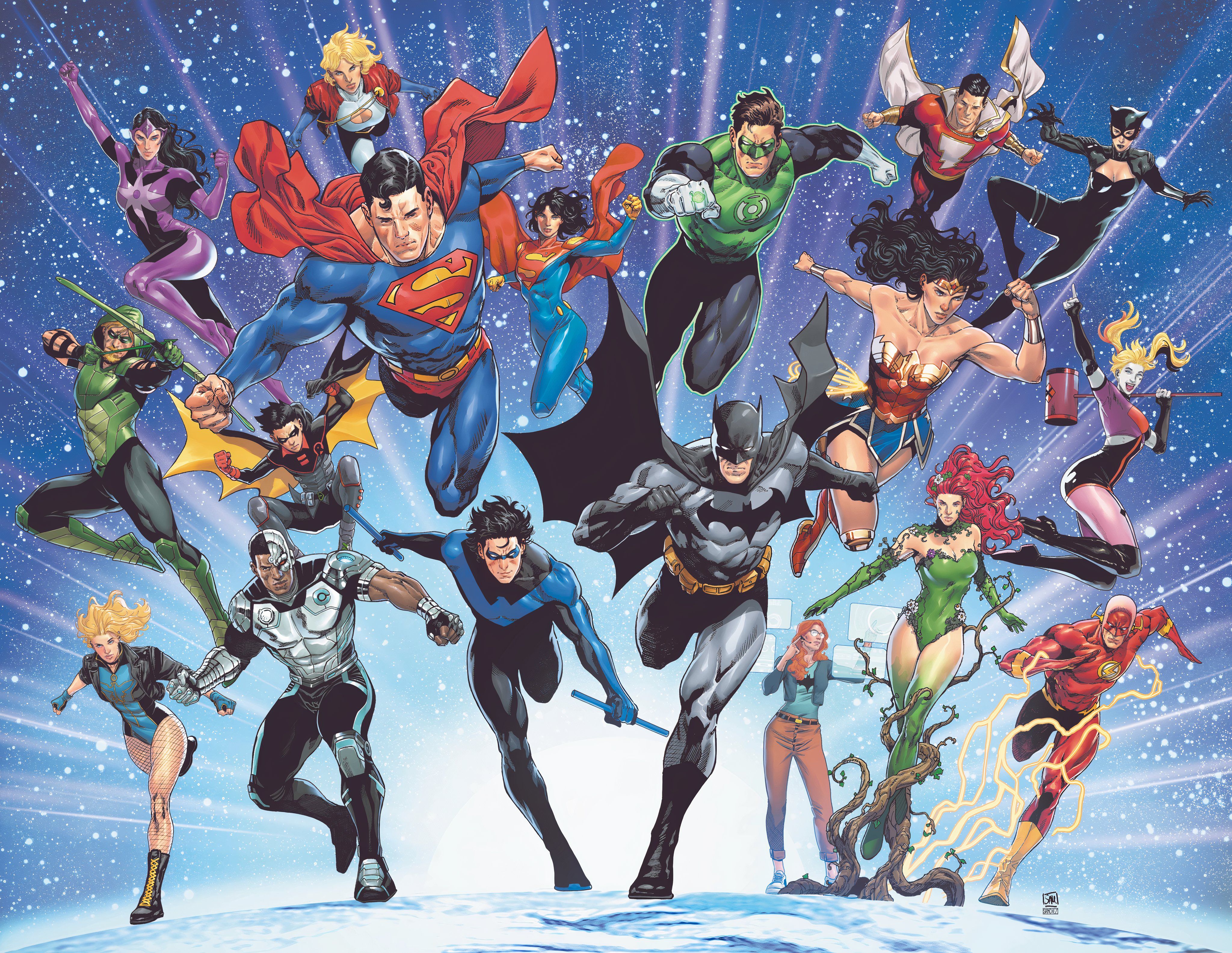 Portada variante Sampere de Justice League Unlimited 1: héroes de DC, incluidos Superman, Batman, Wonder Woman, Cyborg, Nightwing, Green Lantern y más, corren hacia la audiencia.