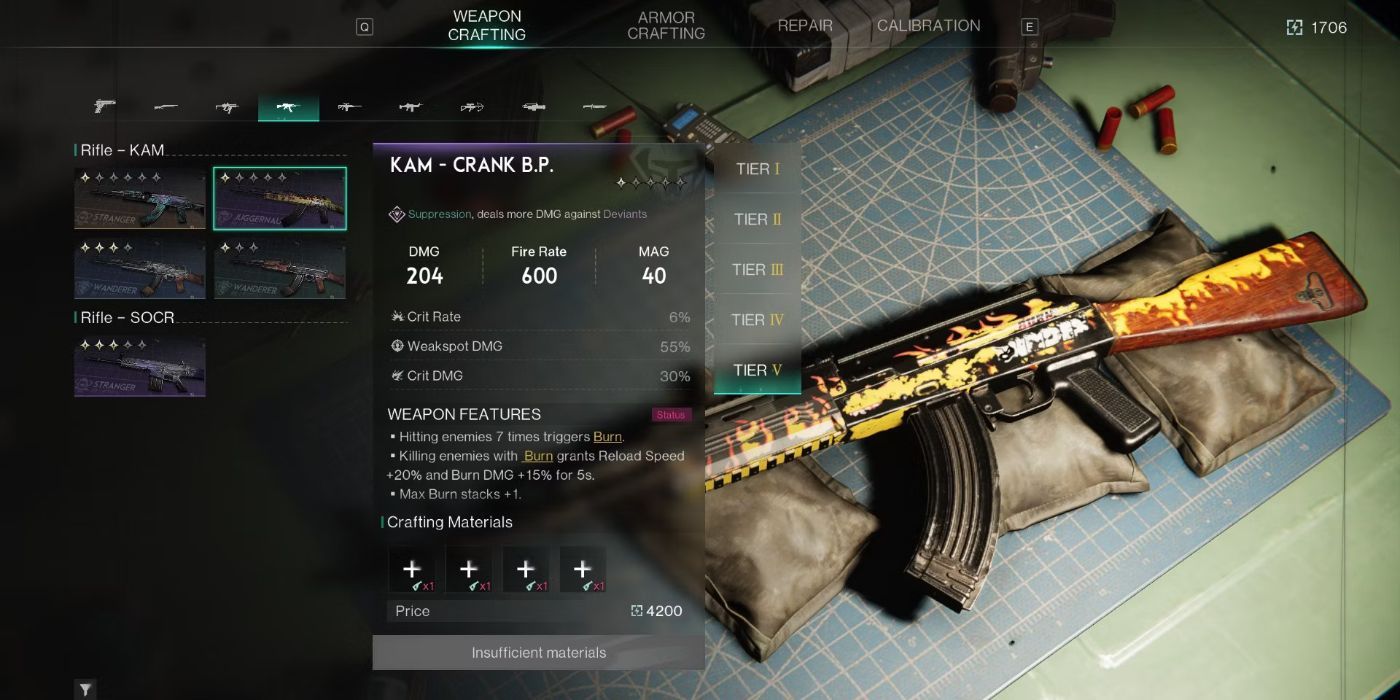 Player viewing Kam Crank weapon features in their inventory stats in Once Human.a