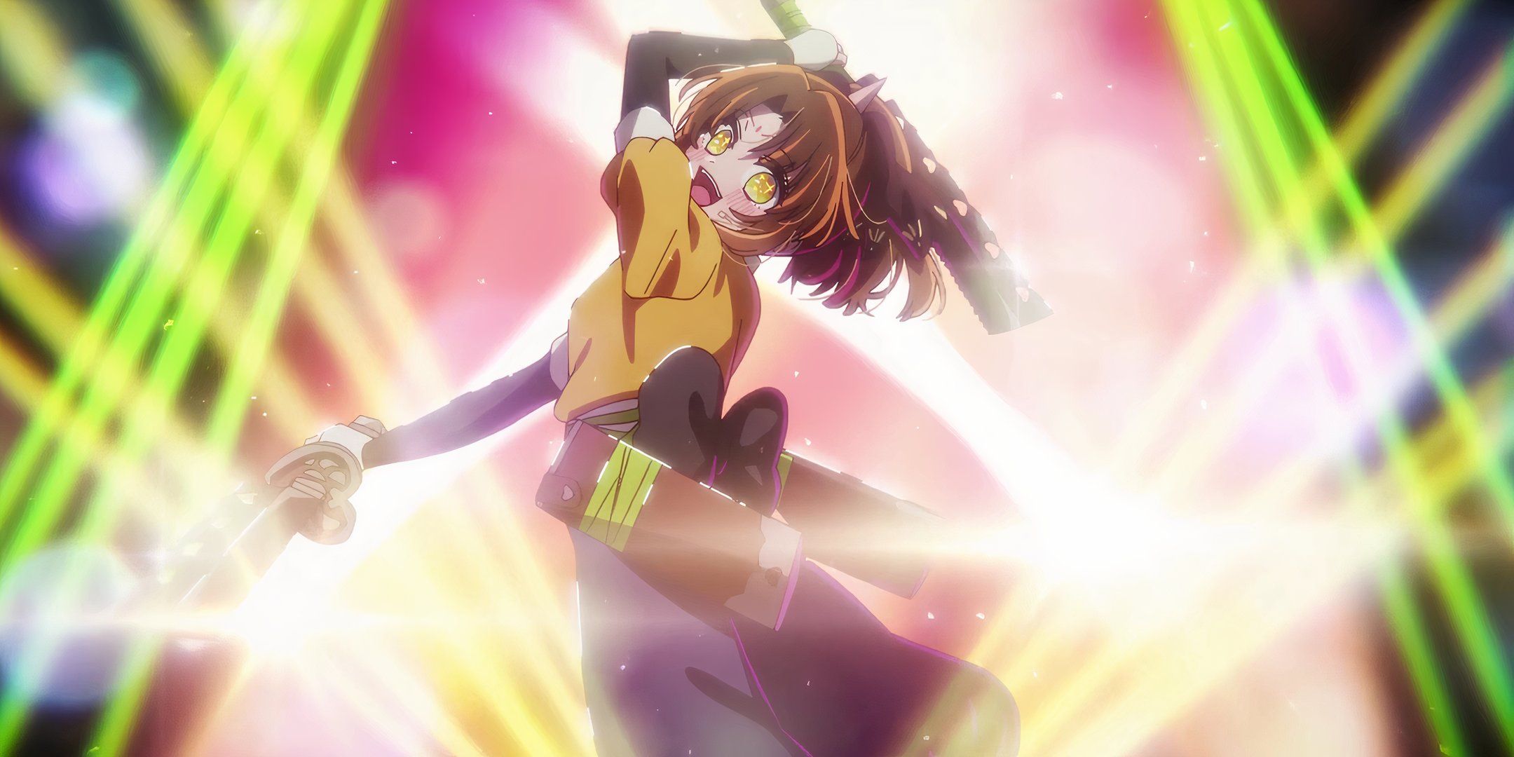 Kana as Tsurugi smiles as she swings her blades surrounded by spotlights in Oshi no Ko