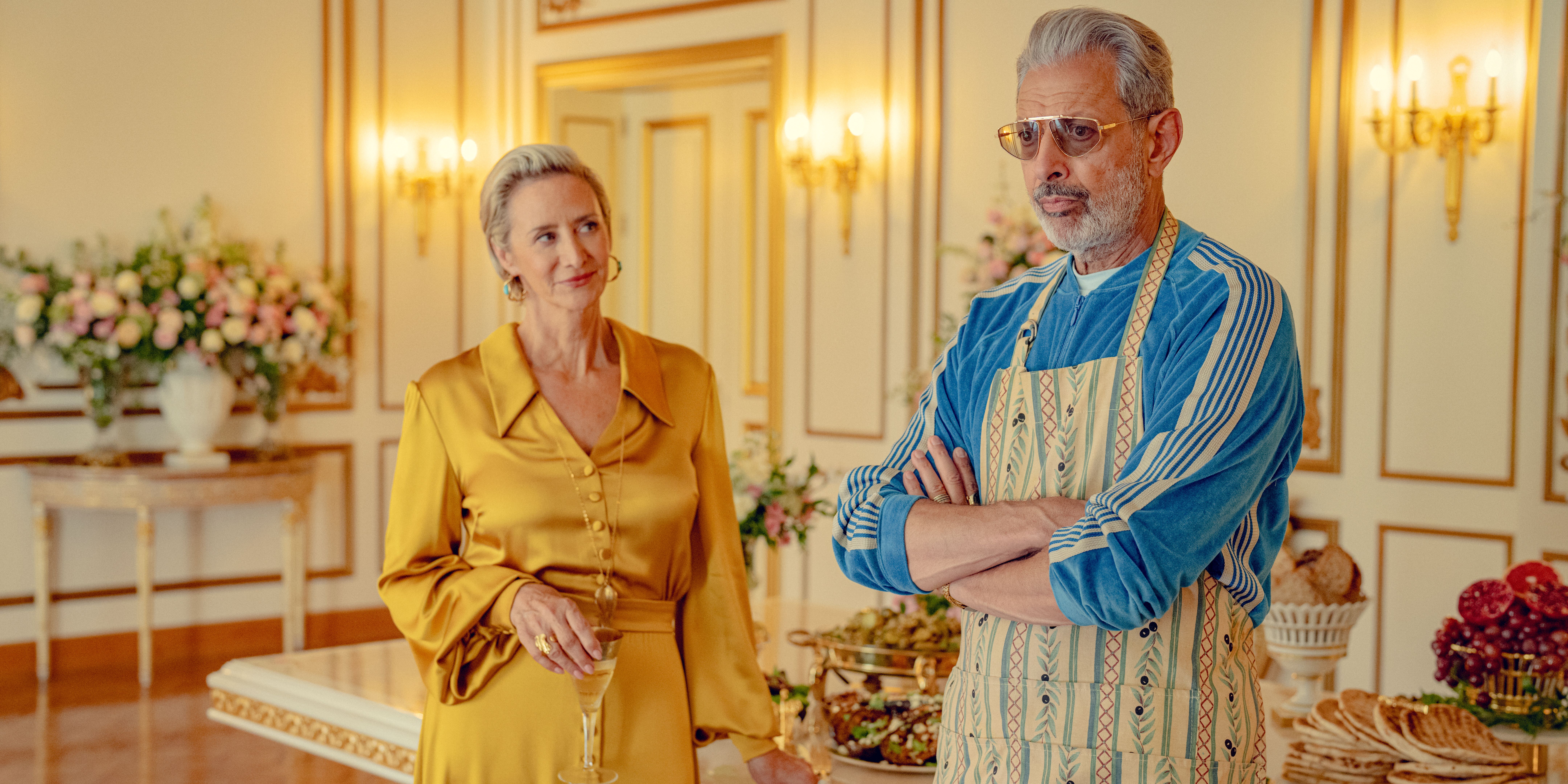 Hera (Janet McTeer) smiling, looking at Zeus (Jeff Goldblum) in KAOS Season 1