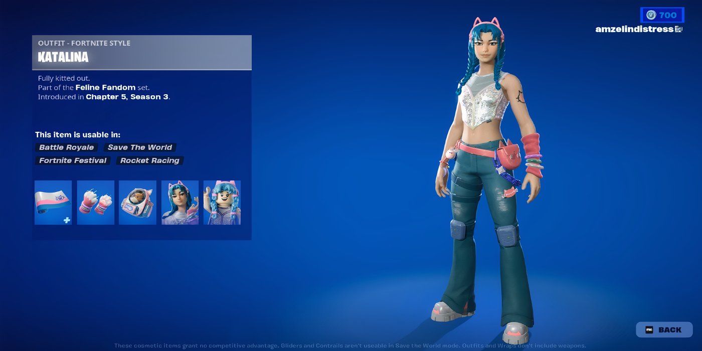 Fortnite free mobile reward Katalina skin with blue hair, pink and blue and white clothing, and cat ears