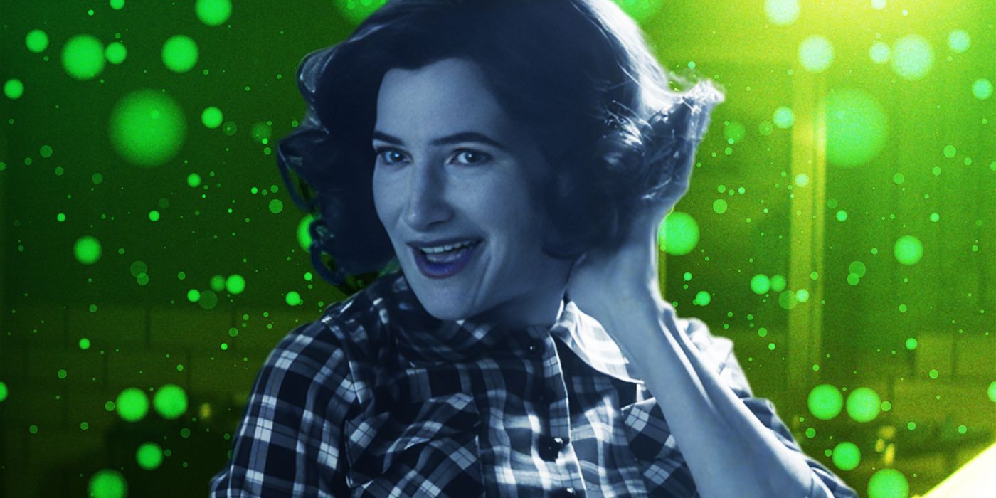 Kathryn Hahn as Agatha Harkness in WandaVision in Front of A Green Background