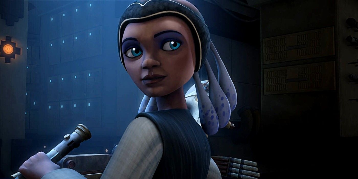 Jedi youngling Katooni holding her lightsaber on a Jedi training ship in Star Wars: The Clone Wars season 5.