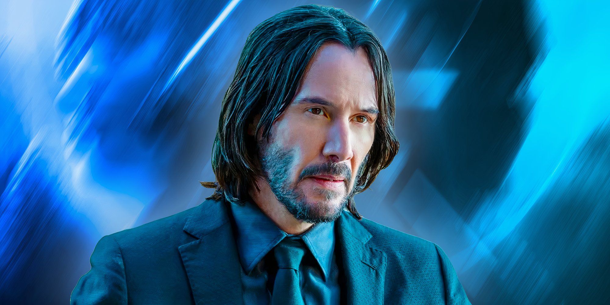 Keanu Reeves as John Wick, edited over a poster of The Acolyte