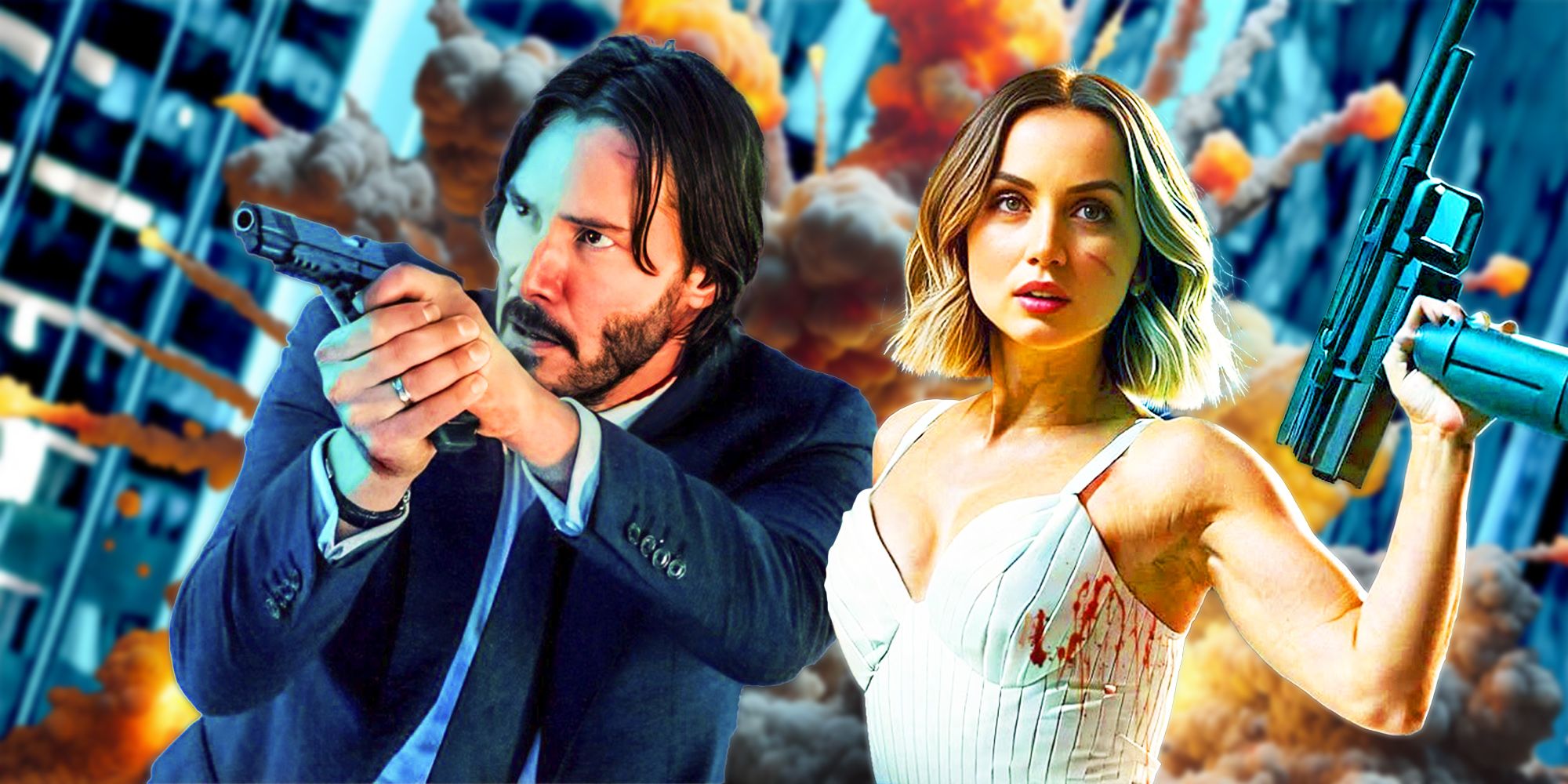 A custom image of Keanu Reeves and Ana de Armas wielding guns