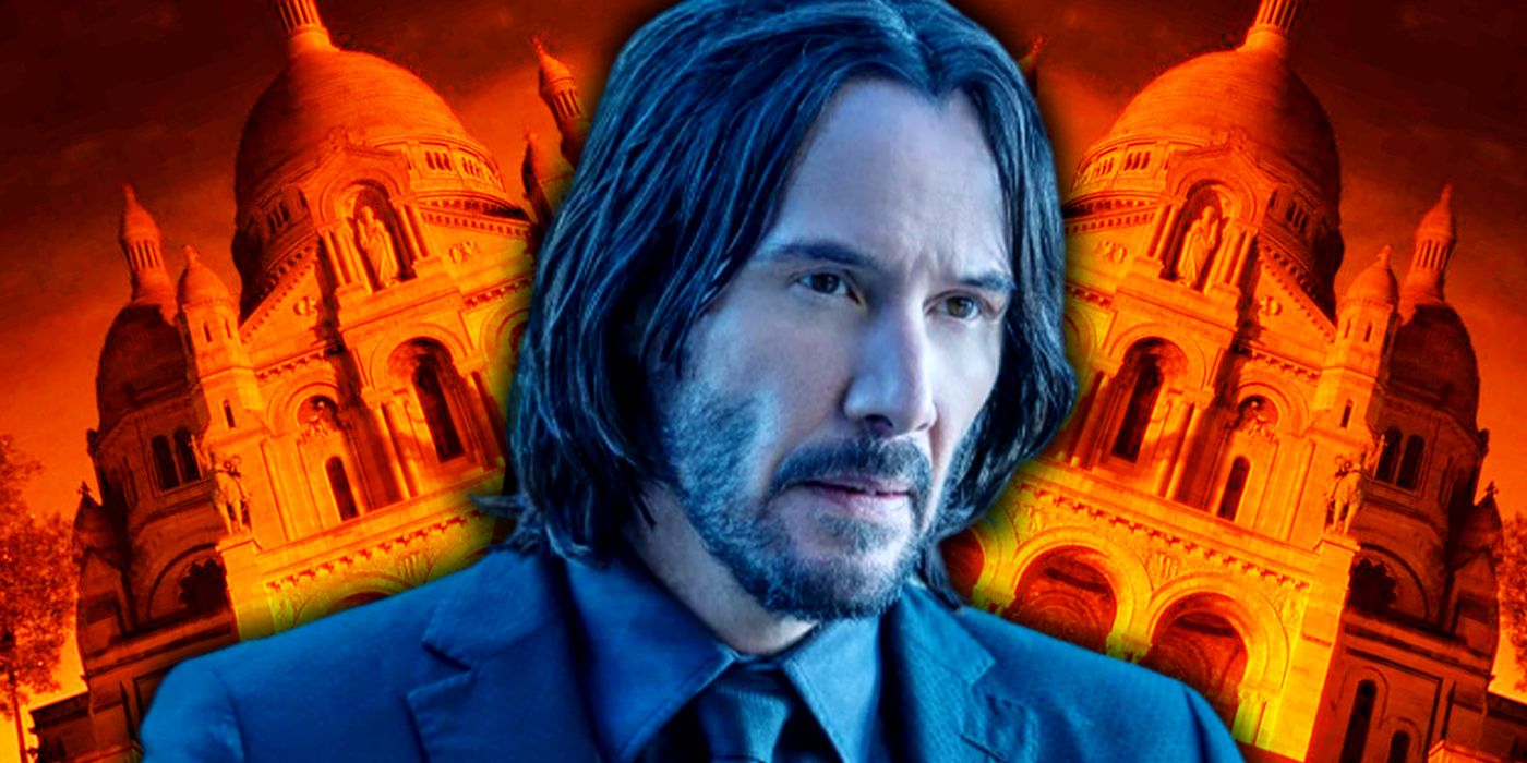 A composite image of John Wick looking on in front of two angled photos of a cathedral in the John Wick franchise