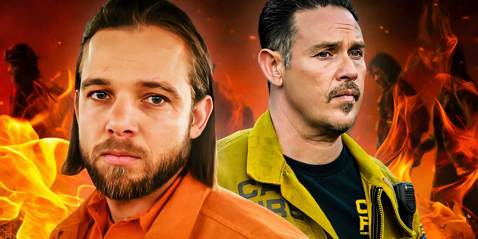 Max Thieriot as Bode Leone and Kevin Alejandro as Manny Perez in Fire Country.