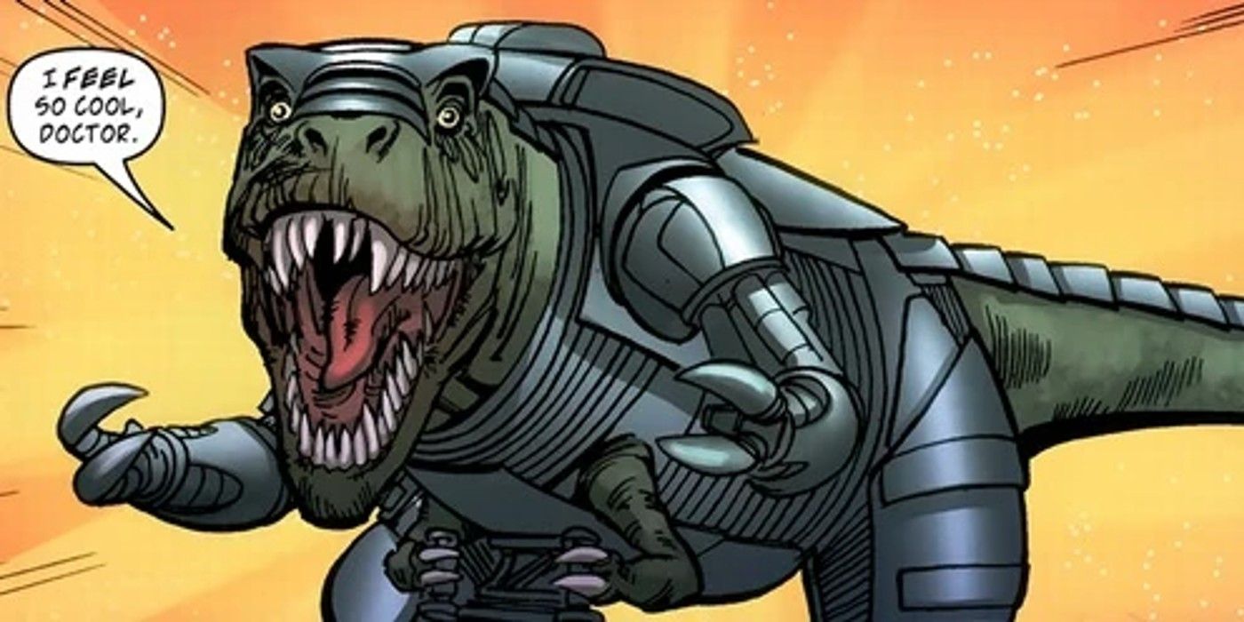 Kevin the robotic tyrannosaurus rex wears an exoskeleton in front of The 11th Doctor in Doctor Who The Eleventh Doctor