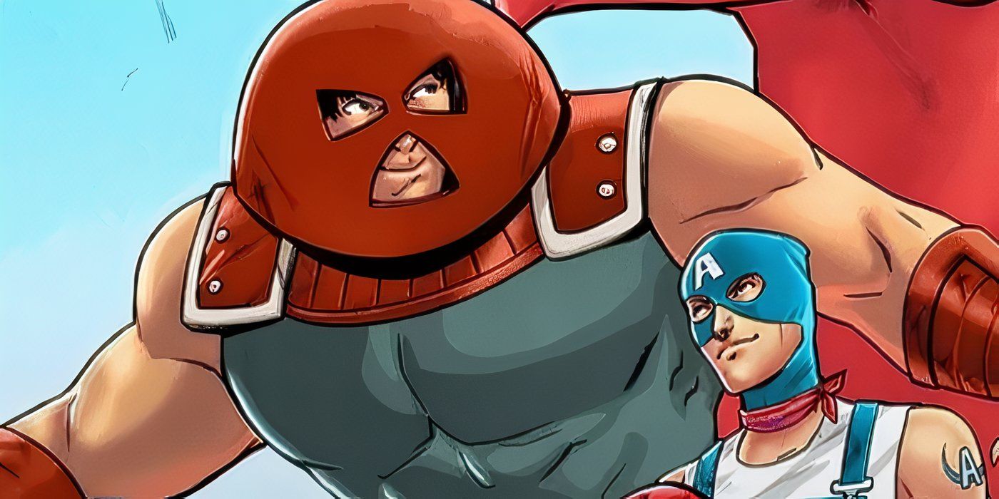 Kid Juggernaut com um Capitão América mais jovem na Academia dos Vingadores. 