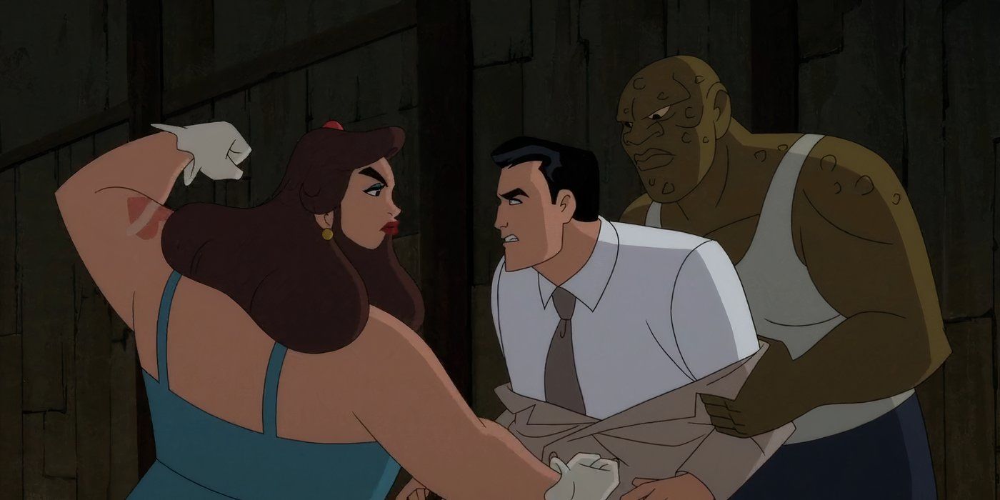 Killer Croc segura Bruce Wayne enquanto uma senhora barbuda dá um soco nele em Caped Crusader