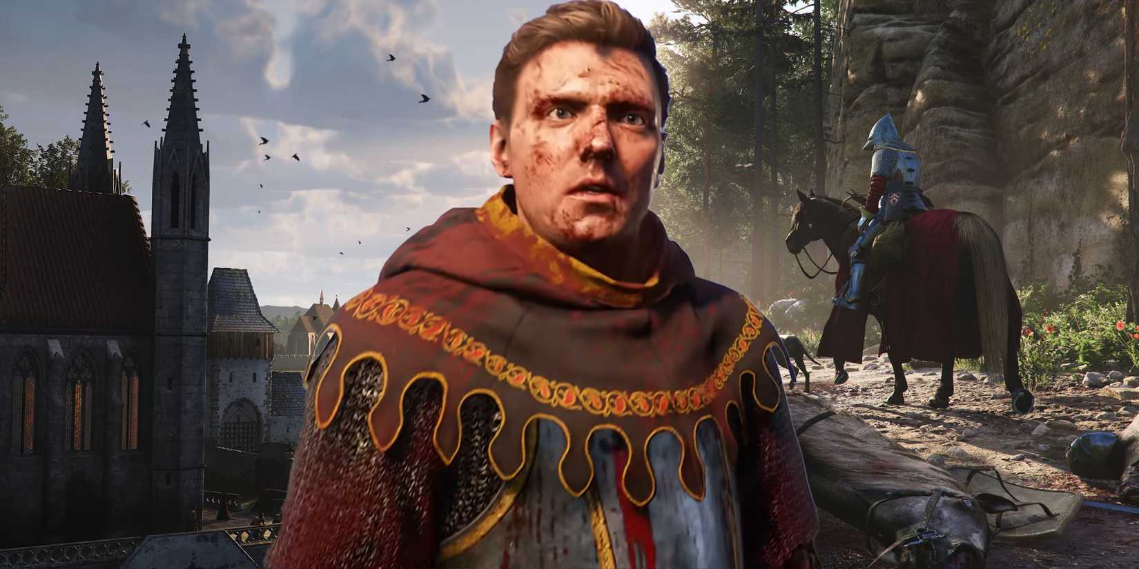 Blood-covered Henry with Kuttenberg and a rider on a horse behind him in Kingdom Come Deliverance 2