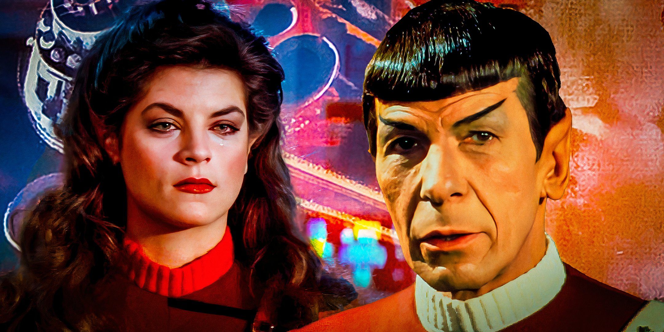 Kirstie Alley crying as Saavik and Leonard Nimoy as Spock in Star Trek II