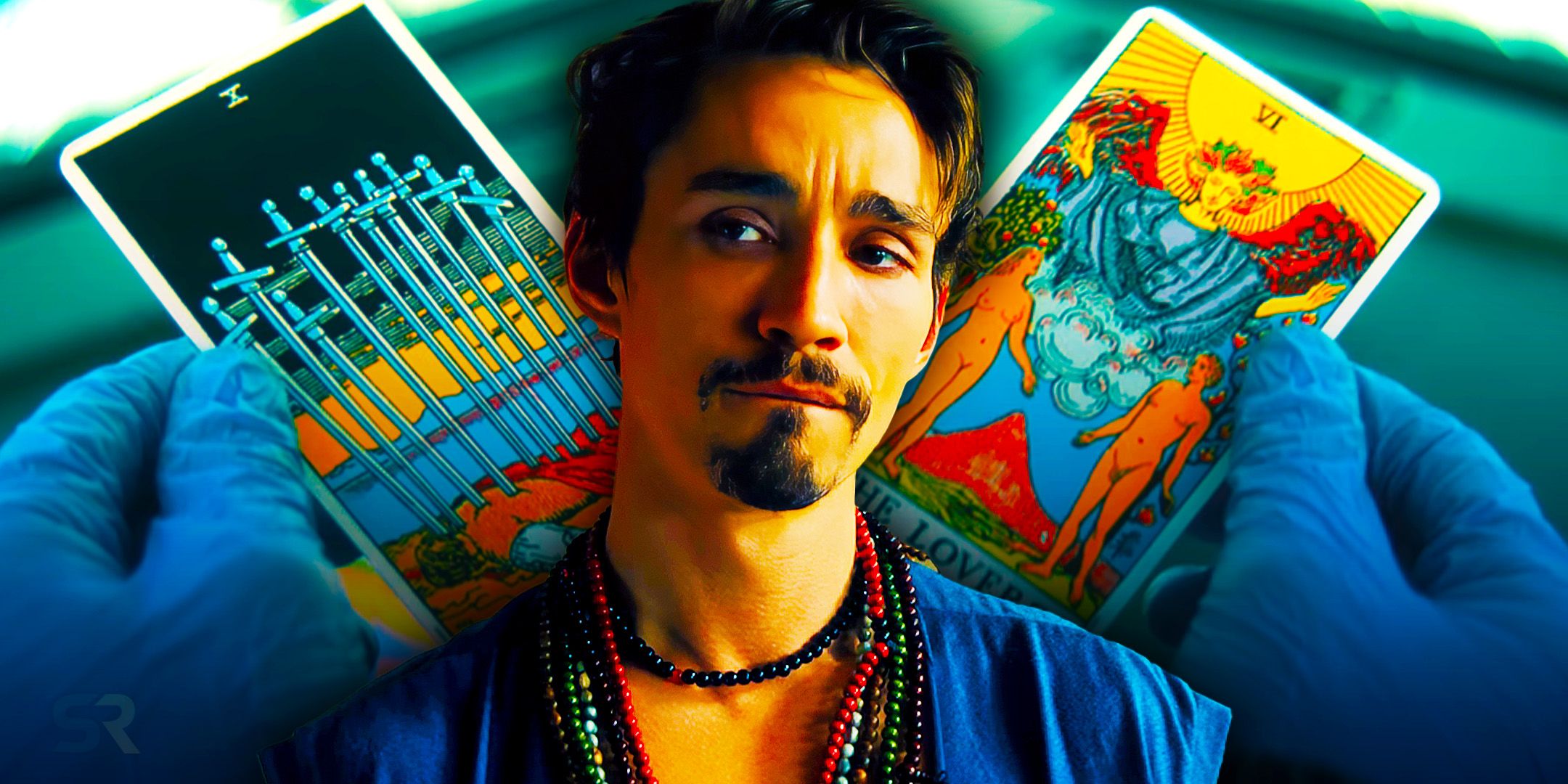 Robert Sheehan as Klaus in The Umbrella Academy over an image of him holding two tarot cards with gloved hands