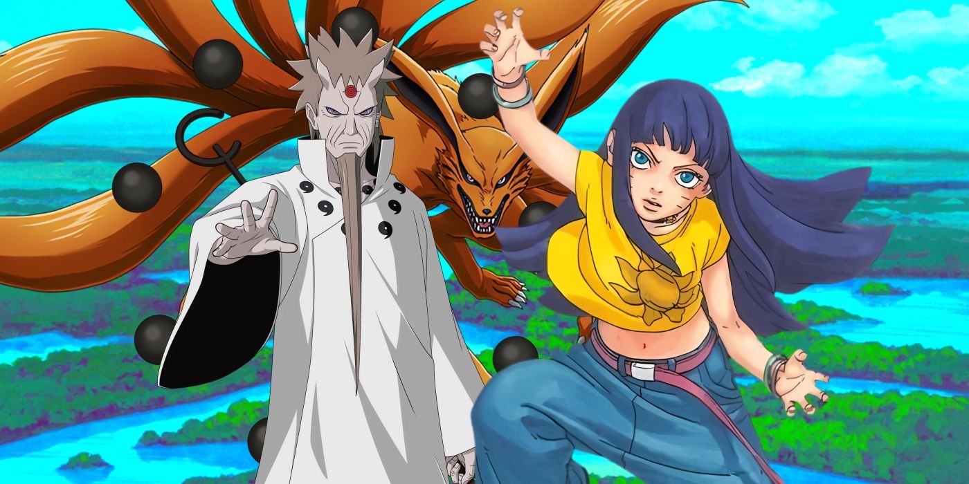 Kurama, Hagoromo and Himawari standing side by side prepared for battle. Behind them, an image of the Land of Fire can be seen.