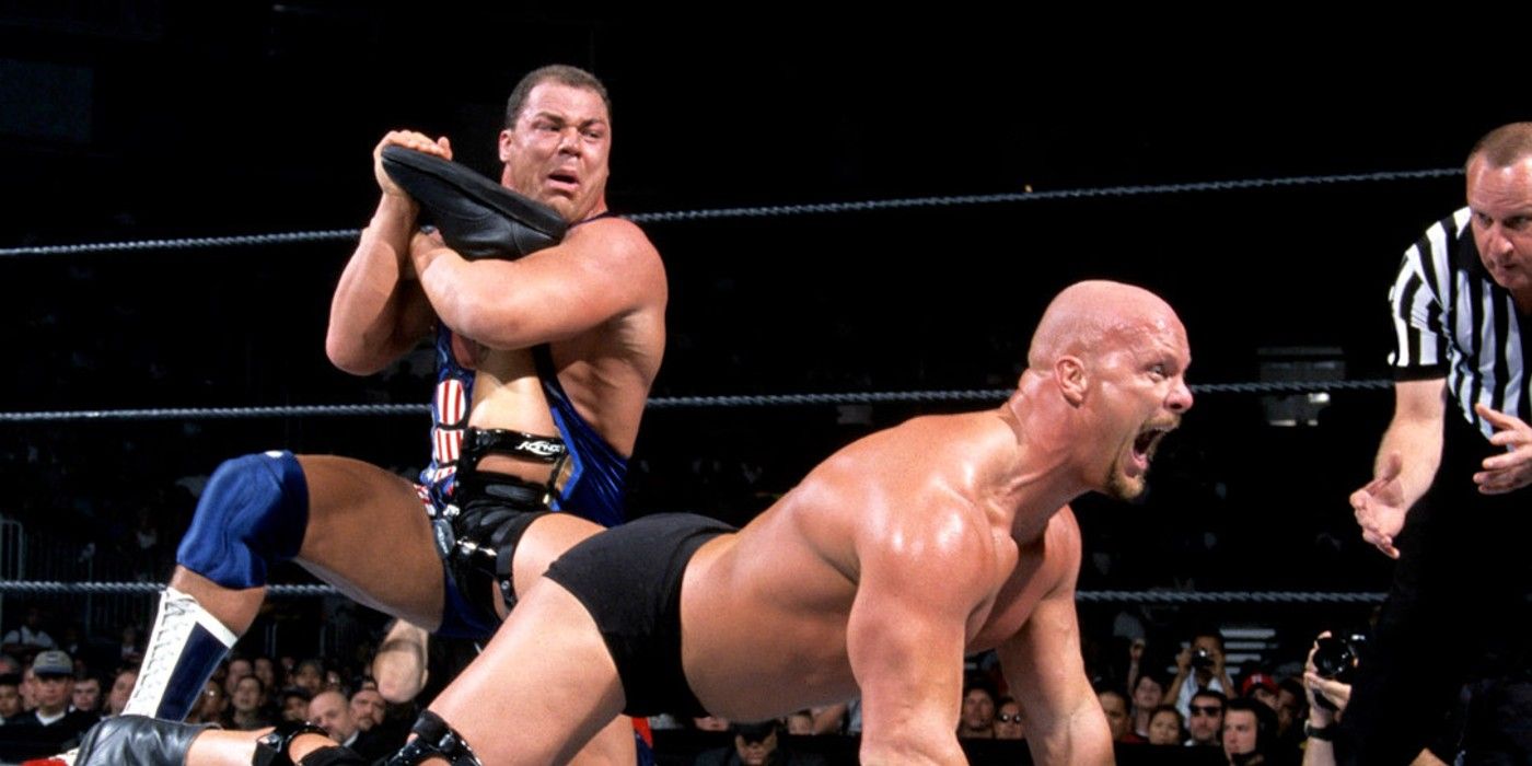 Kurt Angle locks the Ankle Lock onto Stone Cold Steve Austin on WWE SummerSlam 2001