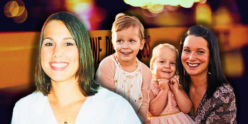 Laci Peterson, Celeste Watts, Bella Watts, and Shanann Watts in front of a Do Not Cross police tape