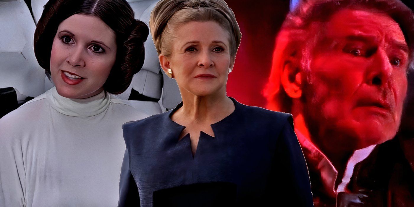 Leia from Star Wars' sequel trilogy with Han Solo and her younger self behind her.
