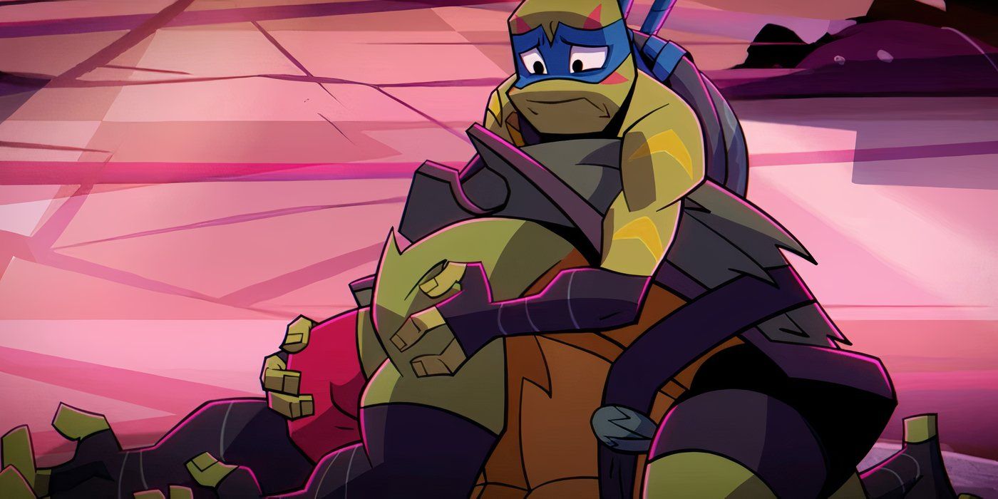 Leonardo segurando as outras tartarugas em Rise of the TMNT