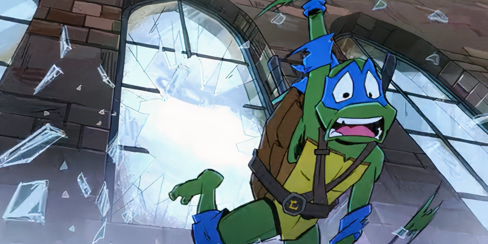 Leonardo parecendo angustiado enquanto cai com uma janela quebrada ao fundo - Tales of the TMNT