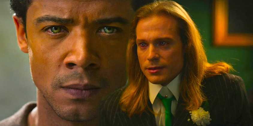 Jacob Anderson as Louis slightly glaring next to Sam Reid as Lestat staring intensely in Interview with the Vampire season 2