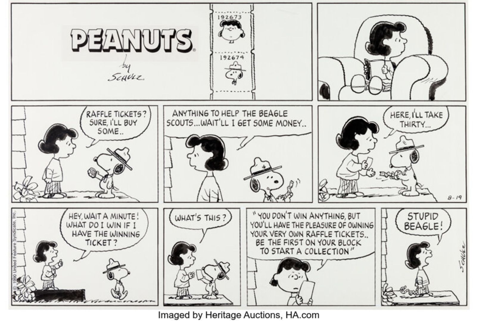 Snoopy vendendo rifas para Lucy.