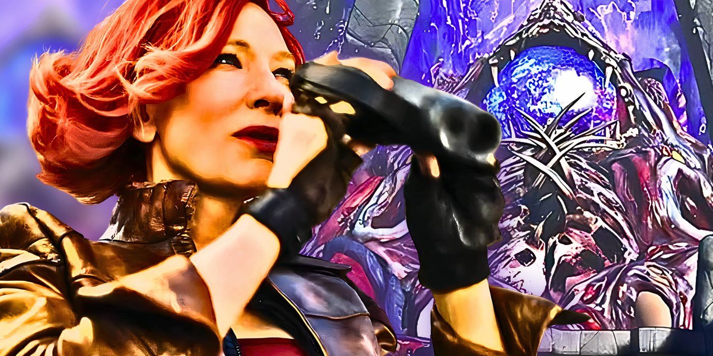 Lilith (Cate Blanchett) in Borderlands with binoculars and the Destroyer from the game behind her