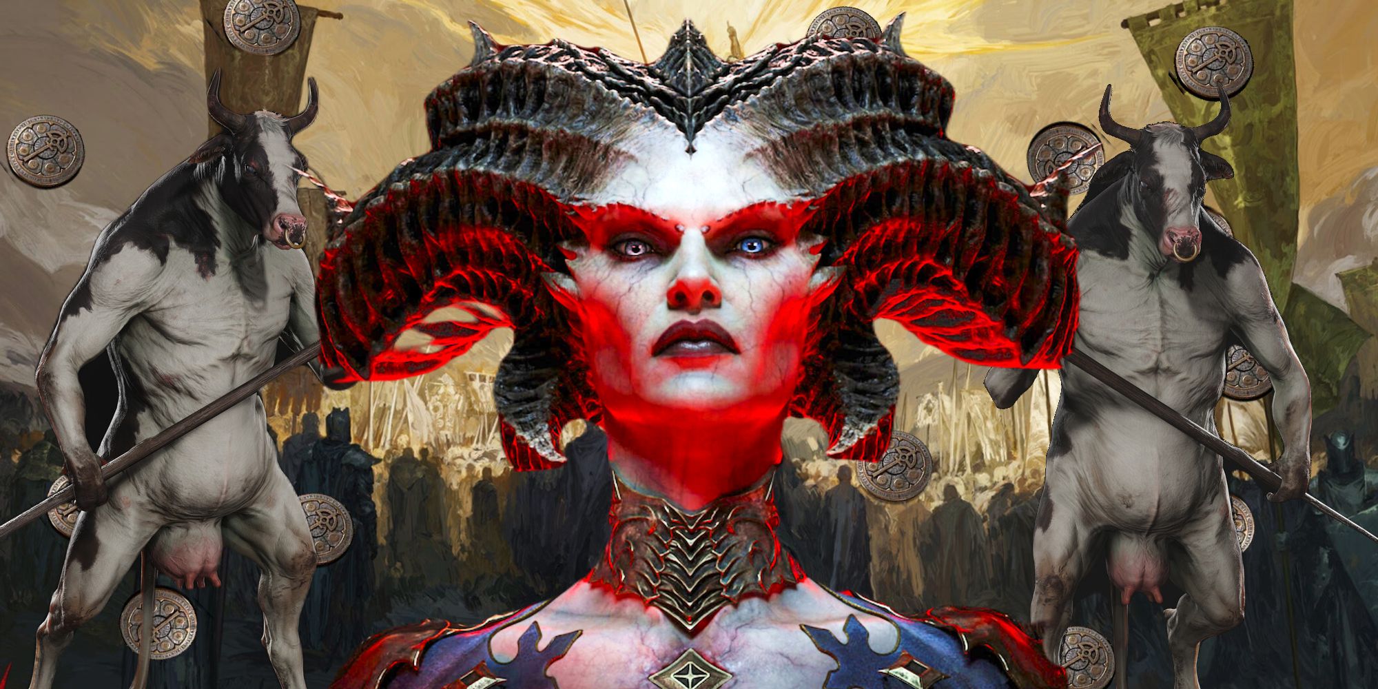 Lillith surrounded by hell cattle and lucky coins in the image from Diablo 4.